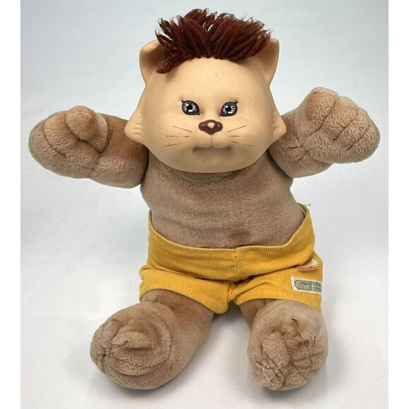 VTG 1983 CABBAGE PATCH KIDS Cat KOOSA Brown Hair w/ Yellow Corduroy Shorts - Picture 1 of 9